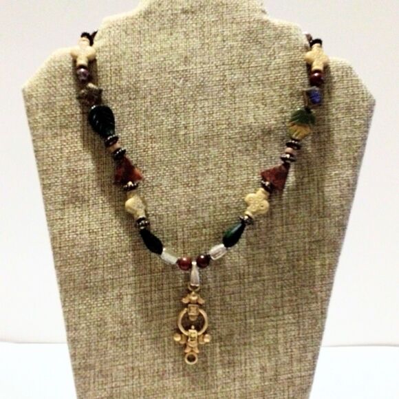 Multi Stone Mixed Metal Boho Beaded Pendant Necklace - Picture 1 of 7